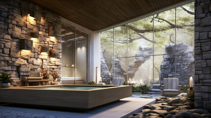 Relaxing Spa Room with Natural Stone and Water. Zen Spa Sanctuary. Generative AI