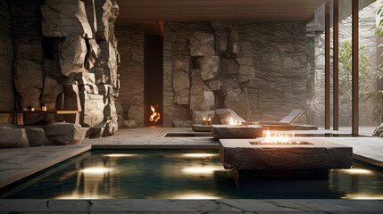 Spa Room with Natural Stone. Tranquil Waterscape. Generative AI