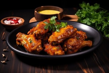 Baked chicken wings and legs in honey mustard sauce.