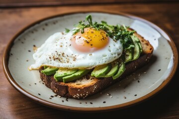 Plate with bread and fried egg and avocado