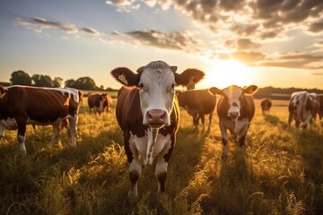 Cows grazing at sunset on a farm.