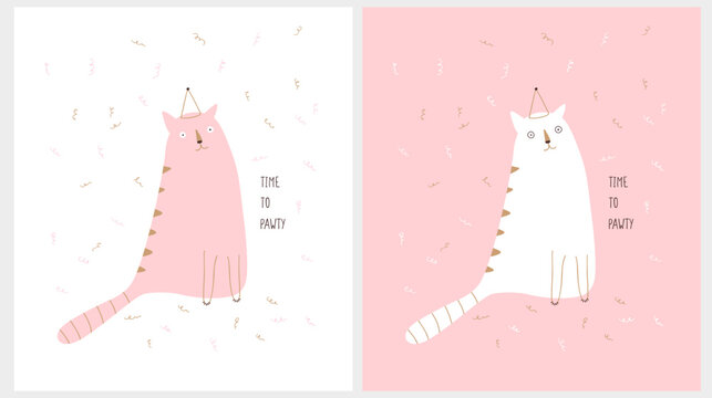 Time to Pawty. Funny Hand Drawn Vector Illustration with Pink and White Party Cat isolated on a White and Light Pink Background. Happy Cat in a Party Hat Sitting Among Falling Confetti. RGB Colors.