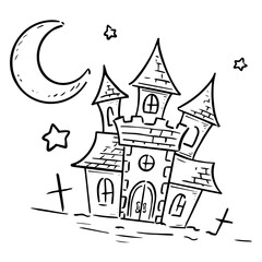 手描きのハロウィンのお城　モノクロ