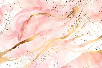 Abstract pink blush liquid watercolor background with golden lines, dots and stains. Pastel marble...