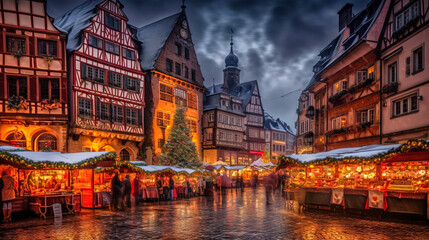 Fototapeta premium Amid festive lights and cobblestone streets, a dazzling building and clock tower set the stage. A lit-up Christmas tree and stalls of holiday treats add to the ambiance