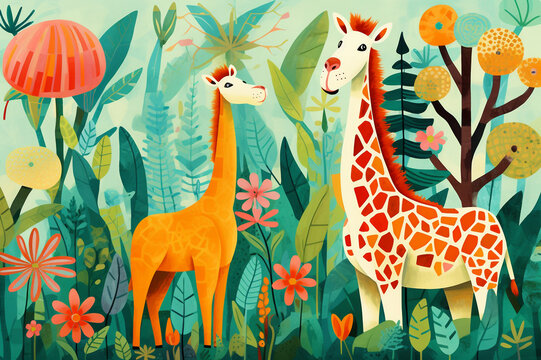 Kids illustration of abstract giraffes with flowers and plants. Colorful nursery art, beautiful artistic image for poster, wallpaper, art print.