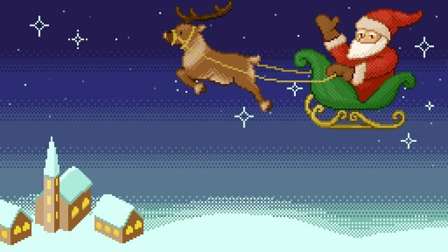 クリスマスの夜空を飛びながら手を振るサンタクロースのドット絵背景動画