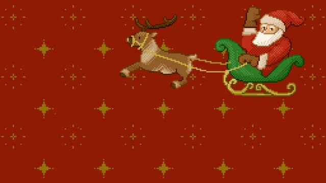 クリスマスらしいゴールドのキラキラを背景に、サンタクロースが手を振るドット絵背景動画