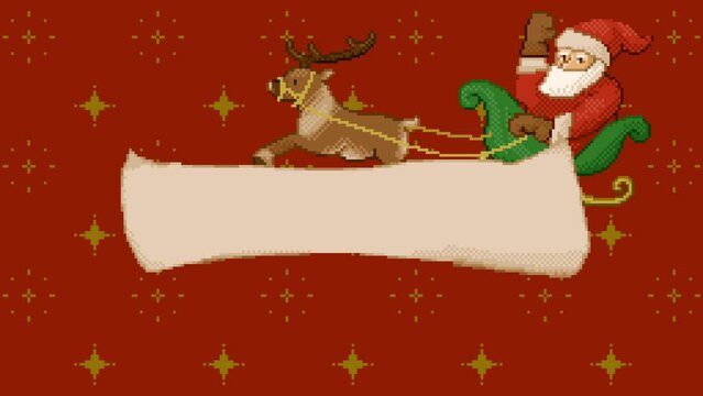 クリスマスらしいゴールドのキラキラを背景に、サンタクロースが手を振るドット絵フレーム動画