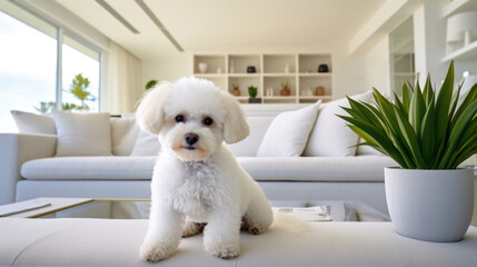 Stylish apartment living with a furry friend: Bichon Frise at its best.
