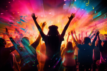 Silhouette of excited audience, with colourful music notes background