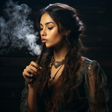 Beautiful dark dark-haired girl woman gypsy smokes a pipe on a black background portrait close-up 