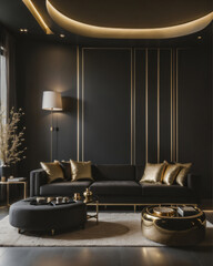 Royal Luxury black modern living room interior with gold details.