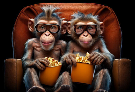 Two monkeys sitting in a movie theater.. AI Generated