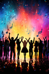 Silhouette of excited audience, with colourful music notes background