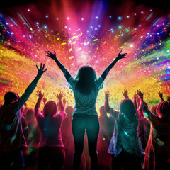 Obraz premium Silhouette of excited audience, with colourful music notes background