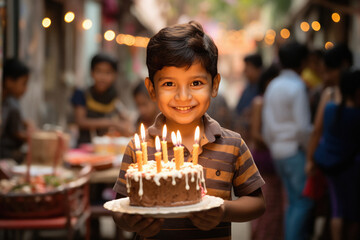 Cute indian little boy child celebrating birthday party