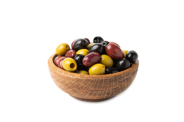 Green, black and red olives isolated on white background. Various types of olives and with fresh olive leaves. Mediterranean food. Vegan.