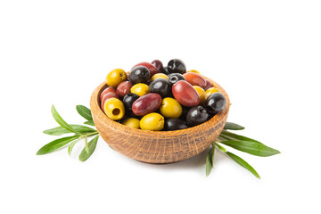 Green, black and red olives isolated on white background. Various types of olives and with fresh olive leaves. Mediterranean food. Vegan.