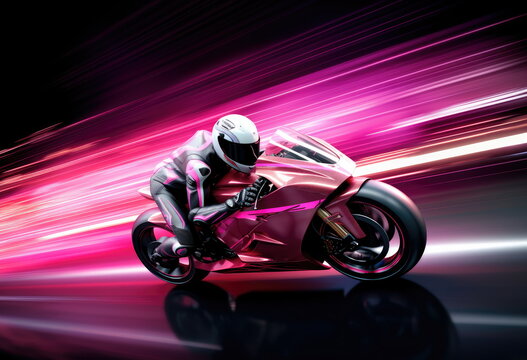 pink motorcycle with rider. 