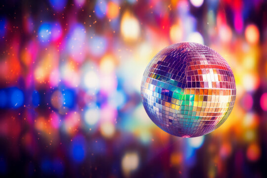 Disco ball illustration, multicolor music background (events, flyers etc.), with space for text