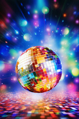 Disco ball illustration, multicolor music background (events, flyers etc.), with space for text - 646006720