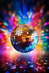 Obraz premium Disco ball illustration, multicolor music background (events, flyers etc.), with space for text