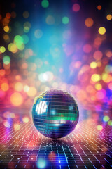 Disco ball illustration, multicolor music background (events, flyers etc.), with space for text - 646006777