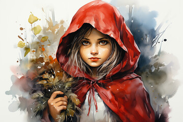 Little red riding hood drawn with watercolor isolated on background - obrazy, fototapety, plakaty