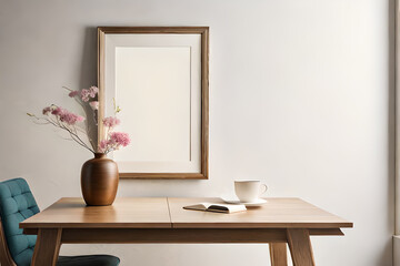 Empty Wooden Picture Frame Mockup Hanging on a Beige Wall Background. Boho Shaped Vase with Dry Flowers on the Table. Cup of Coffee and Old Books. Perfect for Working Space and Home Office. Ideal for 