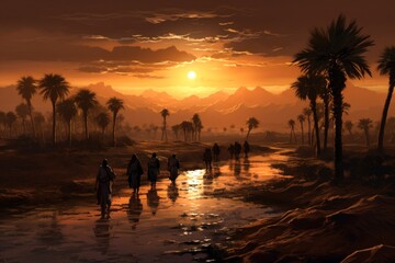 People of Israel crossing the wilderness desert toward the promised land of Canaan at Gods guidance Generative AI Illustration