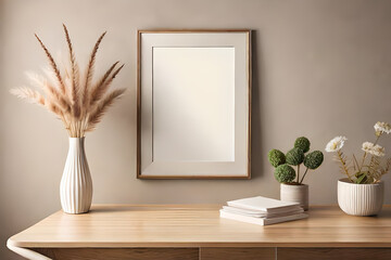Empty wooden picture frame mockup hanging on beige wall background. Boho-shaped vase, dry flowers on the table. Cup of coffee. Working space, home office. Art, poster display. modern  room