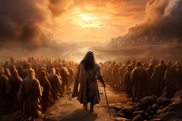 Illustration of Moses leading the people of Israel in the desert on the way to Canaan Generative AI - obrazy, fototapety, plakaty