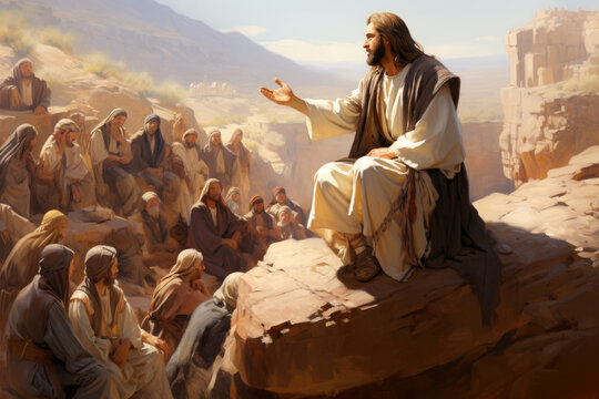 Jesus speaking to the people by parables on the mountain in the midst of nature Generative AI Illustration