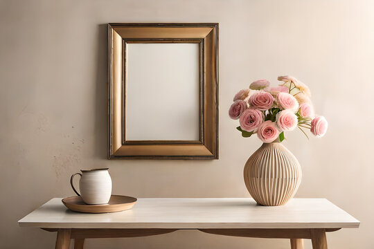Empty wooden picture frame mockup hanging on beige wall background. Boho-shaped vase, dry flowers on the table. Cup of coffee. Working space, home office. Art, poster display. modern  room