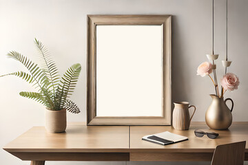 Empty Wooden Picture Frame Mockup Hanging on a Beige Wall Background. Boho Shaped Vase with Dry Flowers on the Table. Cup of Coffee and Old Books. Perfect for Working Space modern dining room interior