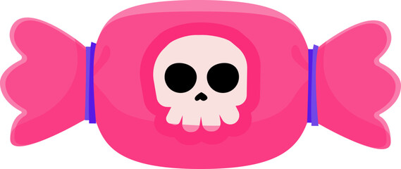 Spooky Skull Head Candy in Pink Wrapping for Halloween Delights Isolated : This bewitching showcases a vibrant assortment of Halloween candies, each featuring a creepy white skull head design.
