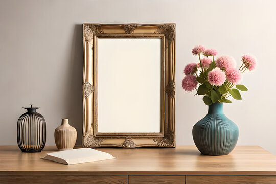 Empty Wooden Picture Frame Mockup Hanging on a Beige Wall Background. Boho Shaped Vase with Dry Flowers on the Table. Cup of Coffee and Old Books. Perfect for Working Space and Home Office. Ideal for 