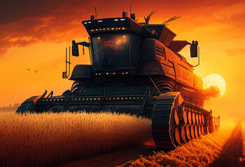 Fototapeta premium Harvester rides through a wheat field, at sunset. AI Generated