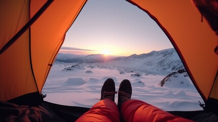 Cozy Camping Woman Cross-Legged in Snowy Mountain Retreat