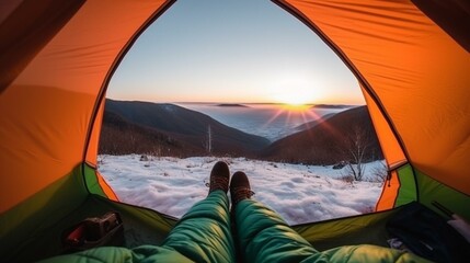 Alpine Escape Woman Enjoying Sunrise in Snowy Tent