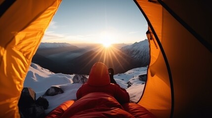 Mountain Serenity Sunrise Inside a Snowy Camping Tent