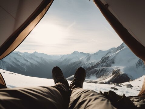 Winter Wonderland Sunrise View from Camping Tent in the Mountains