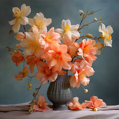 Orange flowers in a vase on a gray background
