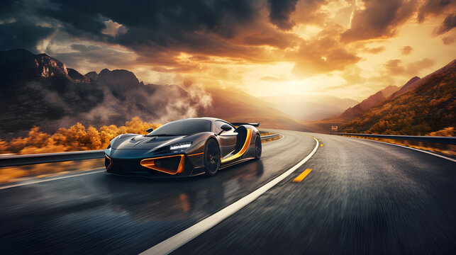 Sports cars running on the superhighway in the morning