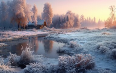Morning winter landscape  - obrazy, fototapety, plakaty