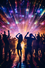 Disco laser - silhouette of people dancing under disco laser beam - obrazy, fototapety, plakaty