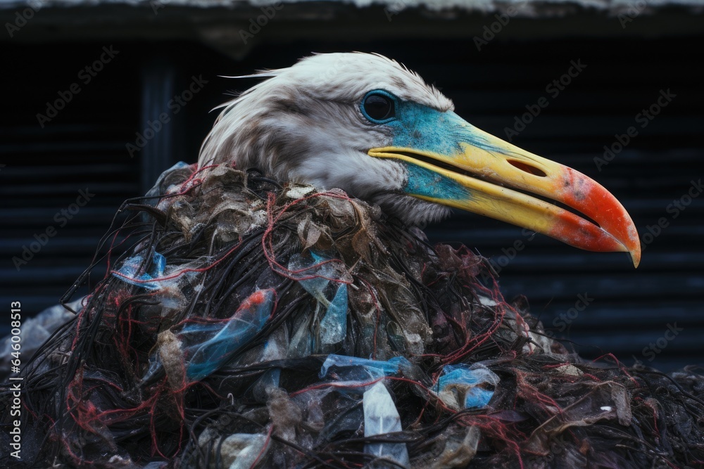 Aufkleber the seabird is littered with garbage.