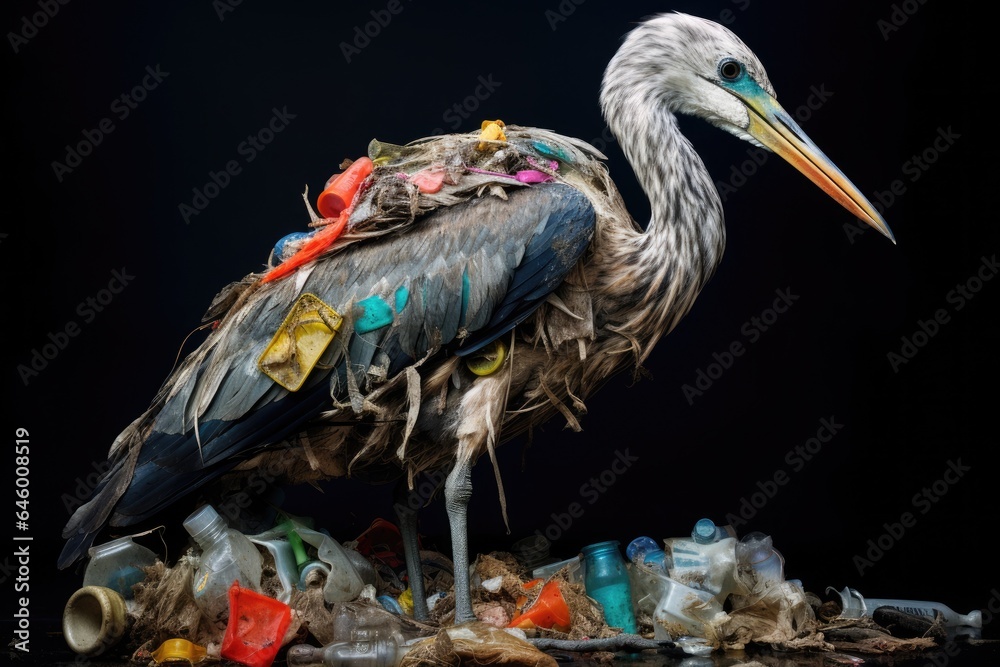 Aufkleber bird in garbage on a black background.