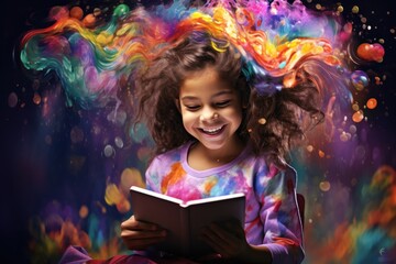 Little girl reading a book with a smile.